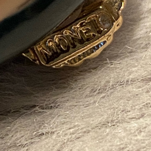 Vintage Monet Earrings Gold tone round with rhinestones surrounding pearl center - Picture 2 of 7